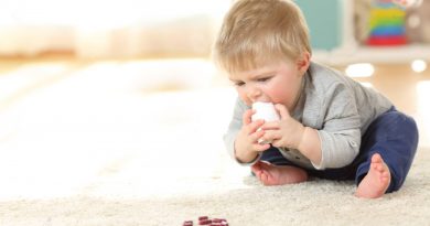 Baby in danger playing with a bottle of medicines on the floor at home