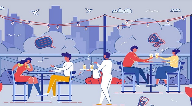 Happy Relaxed People Sitting at Tables at Outdoor Cafe at Summer Time, Drinking Beverages Talking on Cityscape View Background. Men and Women Characters Relaxing. Cartoon Flat Vector Illustration